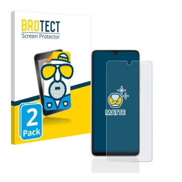 Parte frontal de un envase de producto con el logotipo de la marca BROTECT. Al lado se muestra el dispositivo Samsung Galaxy A