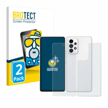 Parte frontal de un envase de producto con el logotipo de la marca BROTECT. Al lado se muestra el dispositivo Samsung Galaxy A