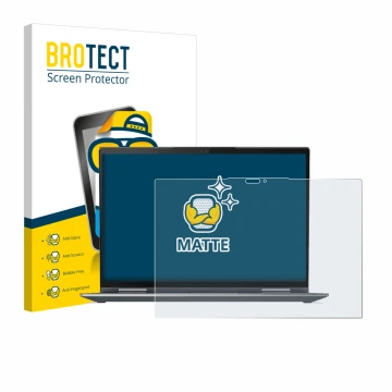 Parte frontal de un envase de producto con el logotipo de la marca BROTECT. Al lado se muestra el dispositivo Lenovo ThinkPad 