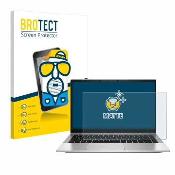 Parte frontal de un envase de producto con el logotipo de la marca BROTECT. Al lado se muestra el dispositivo HP EliteBook 845