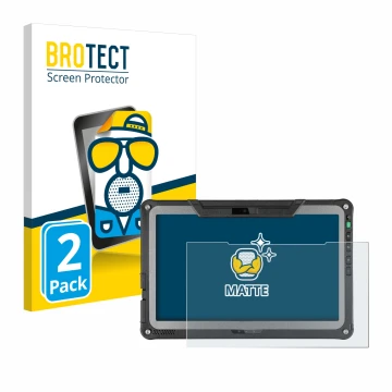 Parte frontal de un envase de producto con el logotipo de la marca BROTECT. Al lado se muestra el dispositivo Getac F110 G6 co