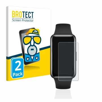 Parte frontal de un envase de producto con el logotipo de la marca BROTECT. Al lado se muestra el dispositivo Huawei Band 7 co