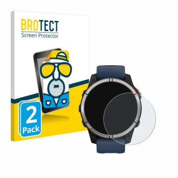 Parte frontal de un envase de producto con el logotipo de la marca BROTECT. Al lado se muestra el dispositivo Garmin quatix 7 