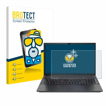 Parte frontal de un envase de producto con el logotipo de la marca BROTECT. Al lado se muestra el dispositivo Lenovo ThinkPad 