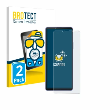 Parte frontal de un envase de producto con el logotipo de la marca BROTECT. Al lado se muestra el dispositivo Sony Xperia 10 I