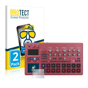 Parte frontal de un envase de producto con el logotipo de la marca BROTECT. Al lado se muestra el dispositivo KORG electribe S