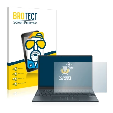 Parte frontal de un envase de producto con el logotipo de la marca BROTECT. Al lado se muestra el dispositivo ASUS ZenBook 13 