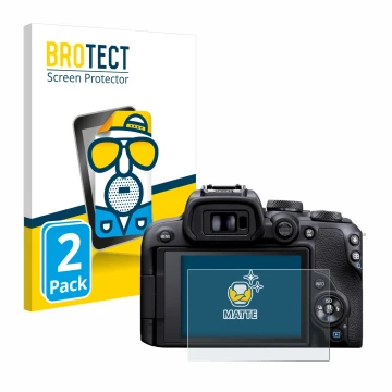 Parte frontal de un envase de producto con el logotipo de la marca BROTECT. Al lado se muestra el dispositivo Canon EOS R10 co