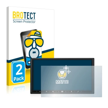 Parte frontal de un envase de producto con el logotipo de la marca BROTECT. Al lado se muestra el dispositivo Alpine iLX-W690D