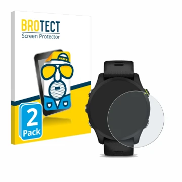 Parte frontal de un envase de producto con el logotipo de la marca BROTECT. Al lado se muestra el dispositivo Garmin Forerunne