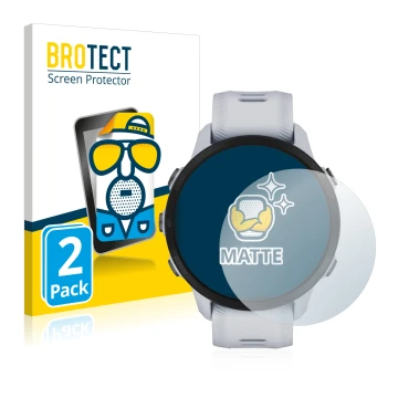 Parte frontal de un envase de producto con el logotipo de la marca BROTECT. Al lado se muestra el dispositivo Garmin Forerunne