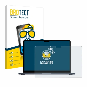 Parte frontal de un envase de producto con el logotipo de la marca BROTECT. Al lado se muestra el dispositivo Apple MacBook Ai