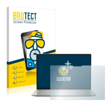 Parte frontal de un envase de producto con el logotipo de la marca BROTECT. Al lado se muestra el dispositivo Dell XPS 13 Plus