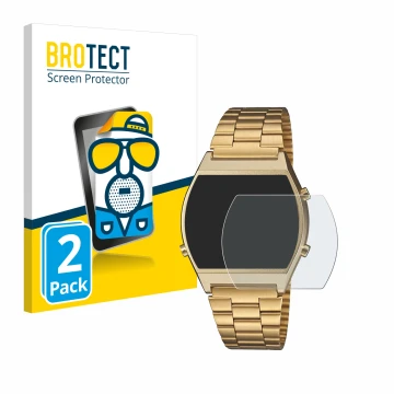 Parte frontal de un envase de producto con el logotipo de la marca BROTECT. Al lado se muestra el dispositivo Casio Retro B640