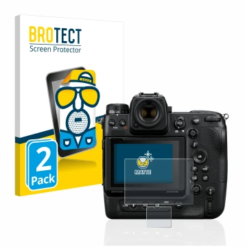 Parte frontal de un envase de producto con el logotipo de la marca BROTECT. Al lado se muestra el dispositivo Nikon Z 9 (Panta