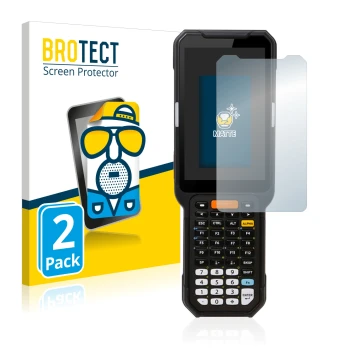 Parte frontal de un envase de producto con el logotipo de la marca BROTECT. Al lado se muestra el dispositivo Point Mobile PM4