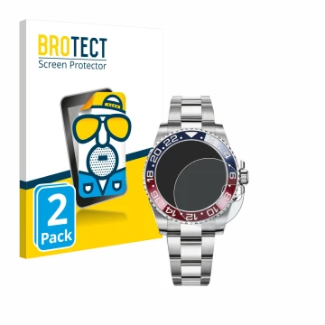Parte frontal de un envase de producto con el logotipo de la marca BROTECT. Al lado se muestra el dispositivo Rolex GMT-Master