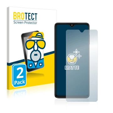 Parte frontal de un envase de producto con el logotipo de la marca BROTECT. Al lado se muestra el dispositivo Samsung Galaxy M