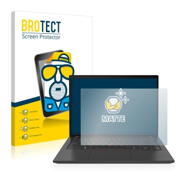 Parte frontal de un envase de producto con el logotipo de la marca BROTECT. Al lado se muestra el dispositivo Lenovo ThinkPad 