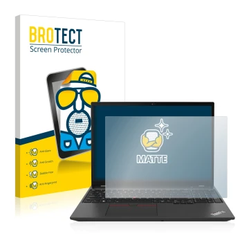 Parte frontal de un envase de producto con el logotipo de la marca BROTECT. Al lado se muestra el dispositivo Lenovo ThinkPad 