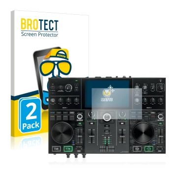 Parte frontal de un envase de producto con el logotipo de la marca BROTECT. Al lado se muestra el dispositivo Denon DJ Prime G