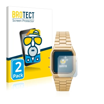 Parte frontal de un envase de producto con el logotipo de la marca BROTECT. Al lado se muestra el dispositivo Casio AQ-230GA c