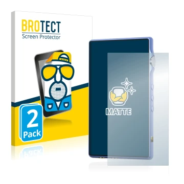 Parte frontal de un envase de producto con el logotipo de la marca BROTECT. Al lado se muestra el dispositivo iBasso DX170 con