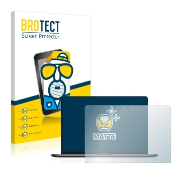 Parte frontal de un envase de producto con el logotipo de la marca BROTECT. Al lado se muestra el dispositivo Apple MacBook Pr