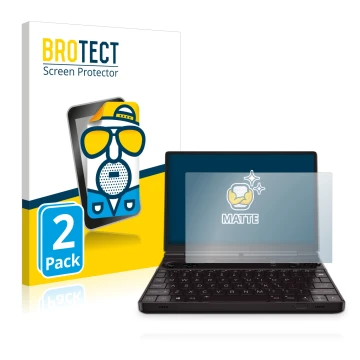 Parte frontal de un envase de producto con el logotipo de la marca BROTECT. Al lado se muestra el dispositivo GPD Win Max 2 co