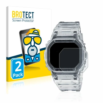 Parte frontal de un envase de producto con el logotipo de la marca BROTECT. Al lado se muestra el dispositivo Casio G-Shock DW