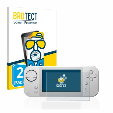 Parte frontal de un envase de producto con el logotipo de la marca BROTECT. Al lado se muestra el dispositivo Evercade EXP con