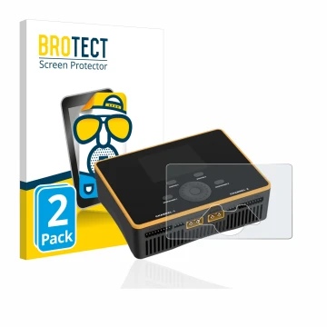 Parte frontal de un envase de producto con el logotipo de la marca BROTECT. Al lado se muestra el dispositivo Junsi iCharger D