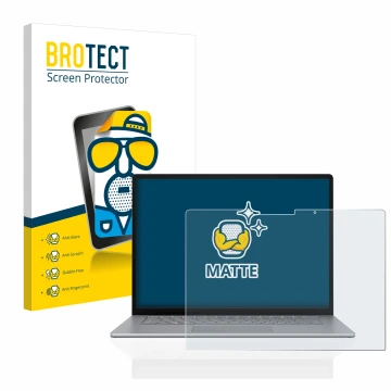 Parte frontal de un envase de producto con el logotipo de la marca BROTECT. Al lado se muestra el dispositivo Microsoft Surfac