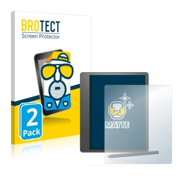 Parte frontal de un envase de producto con el logotipo de la marca BROTECT. Al lado se muestra el dispositivo Amazon Kindle Sc