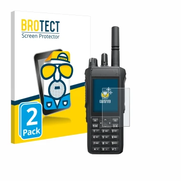 Parte frontal de un envase de producto con el logotipo de la marca BROTECT. Al lado se muestra el dispositivo Motorola R7 con 