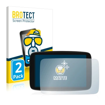 Parte frontal de un envase de producto con el logotipo de la marca BROTECT. Al lado se muestra el dispositivo TomTom GO Camper