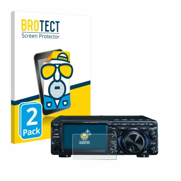 Parte frontal de un envase de producto con el logotipo de la marca BROTECT. Al lado se muestra el dispositivo Yaesu FT-710 con