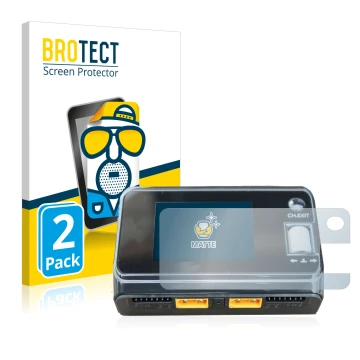 Parte frontal de un envase de producto con el logotipo de la marca BROTECT. Al lado se muestra el dispositivo ToolkitRC M6D Du