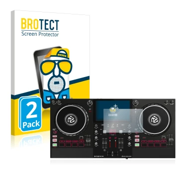 Parte frontal de un envase de producto con el logotipo de la marca BROTECT. Al lado se muestra el dispositivo Numark Mixstream