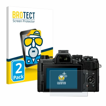 Parte frontal de un envase de producto con el logotipo de la marca BROTECT. Al lado se muestra el dispositivo Olympus OM Syste