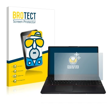 Parte frontal de un envase de producto con el logotipo de la marca BROTECT. Al lado se muestra el dispositivo Fujitsu Lifebook