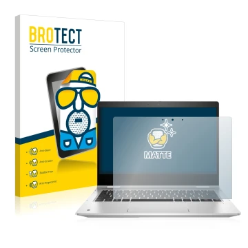 Parte frontal de un envase de producto con el logotipo de la marca BROTECT. Al lado se muestra el dispositivo HP ProBook x360 