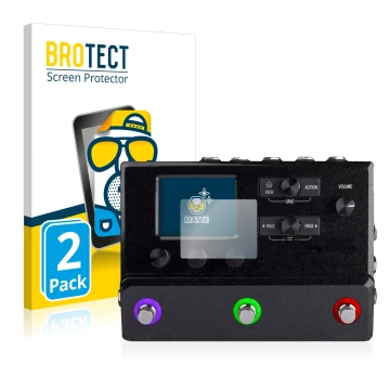 Parte frontal de un envase de producto con el logotipo de la marca BROTECT. Al lado se muestra el dispositivo Line 6 hx stomp 