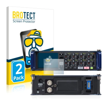 Parte frontal de un envase de producto con el logotipo de la marca BROTECT. Al lado se muestra el dispositivo Zoom F8 field re