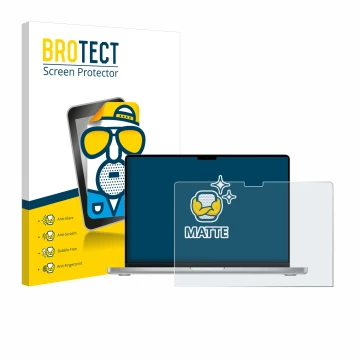 Parte frontal de un envase de producto con el logotipo de la marca BROTECT. Al lado se muestra el dispositivo Apple MacBook Pr