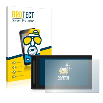 Parte frontal de un envase de producto con el logotipo de la marca BROTECT. Al lado se muestra el dispositivo Huion Kamvas Pro