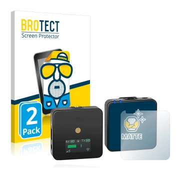 Parte frontal de un envase de producto con el logotipo de la marca BROTECT. Al lado se muestra el dispositivo Rode Wireless GO