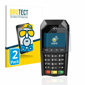 Parte frontal de un envase de producto con el logotipo de la marca BROTECT. Al lado se muestra el dispositivo ingenico Desk/16