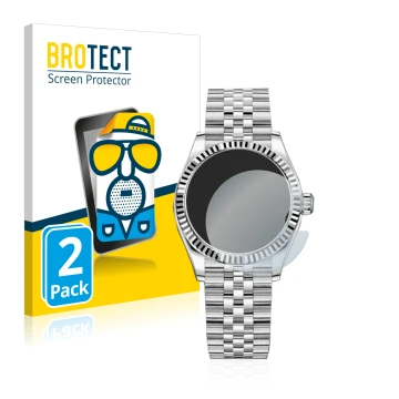 Parte frontal de un envase de producto con el logotipo de la marca BROTECT. Al lado se muestra el dispositivo Rolex Datejust 3