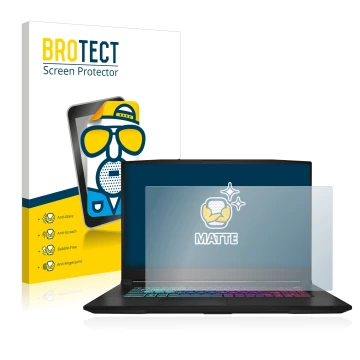 Parte frontal de un envase de producto con el logotipo de la marca BROTECT. Al lado se muestra el dispositivo MSI Katana 17 B1